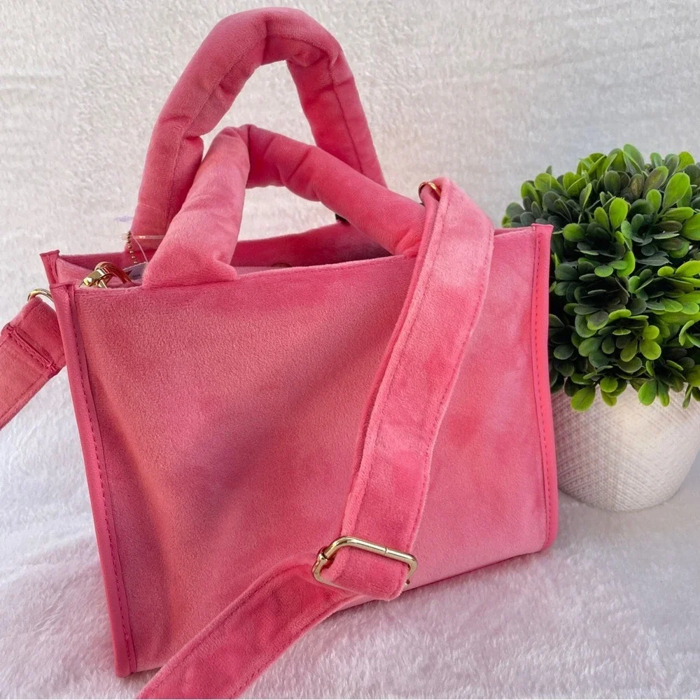 NEW Juicy Couture Pink‎ Velour Rhinestone Logo Tote Crossbody Bag NWT